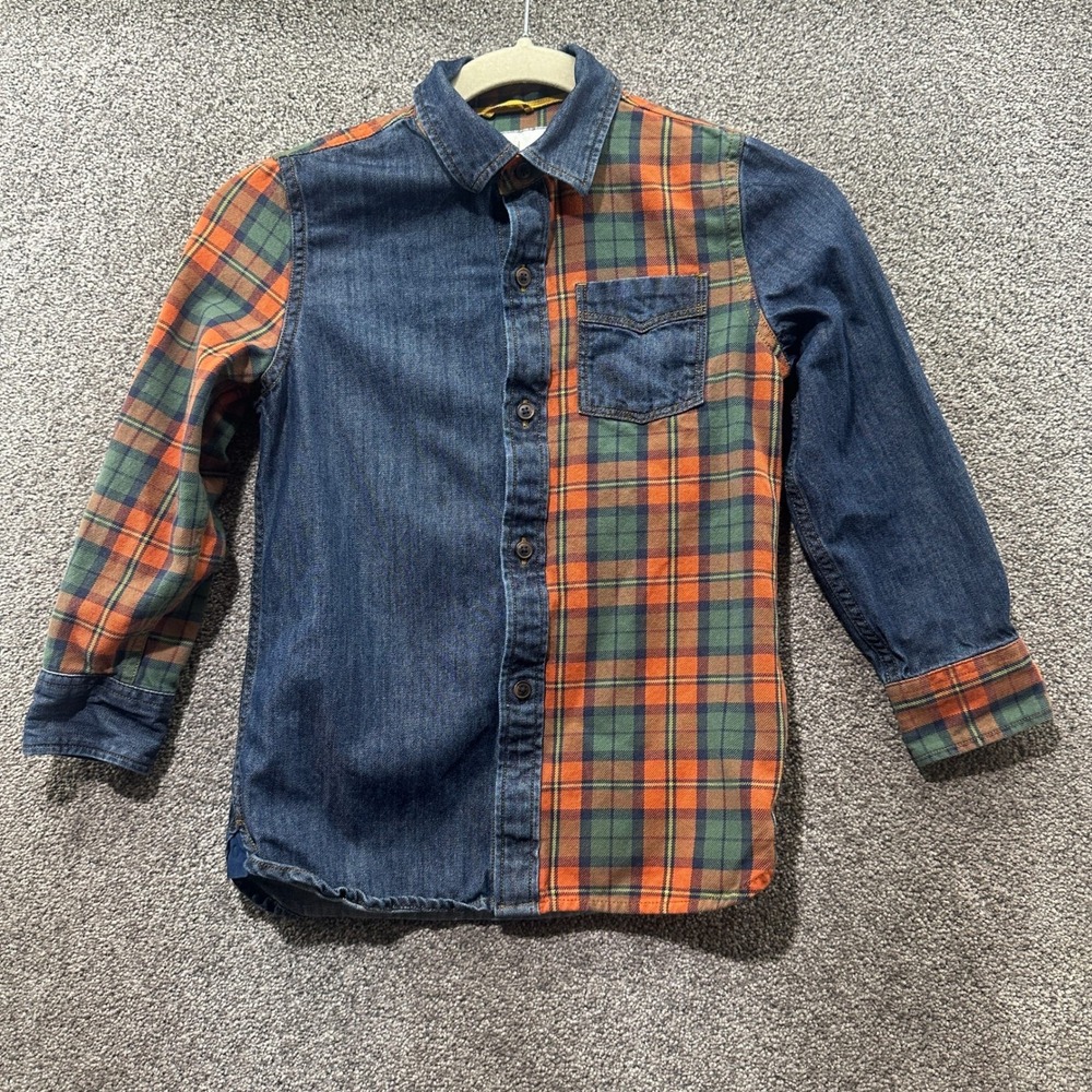 Mini Boden Roald Dahl Button Down Shirt Size 7-8Y Kids Plaid Denim Colorblock